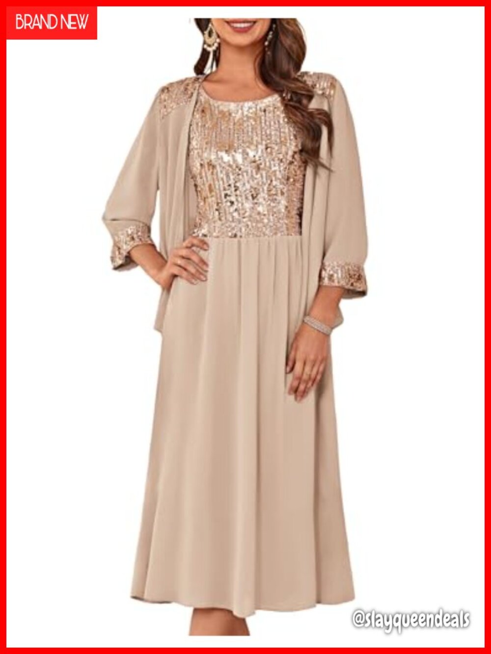 Formal Wedding Guest Dress Sequin Chiffon Tea Length A-Line with Jacket